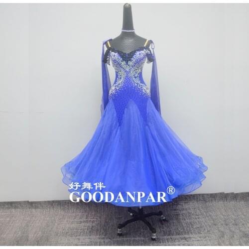 GOODANPAR Standaard Ballroom Danswedstrijd Jurk balllroom dance dress dance wear Costume Performance royal blue long sleeves