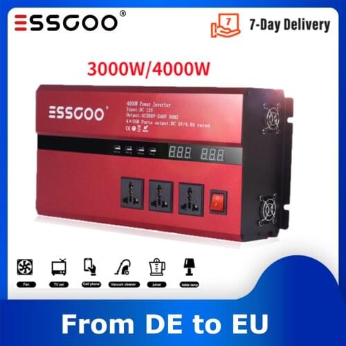 ESSGOO Modified Sine Wave Inverter 12V 220V Digital Display 3000W 4000W 12V DC to 220V Portable Car Power Inverter Adapter