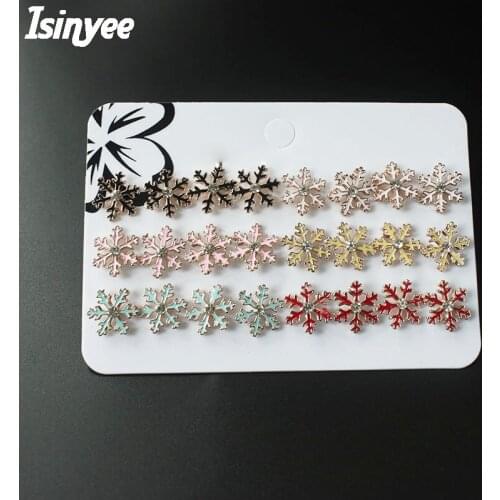 ISINYEE 12 pairs/set Enamel Snowflake Leaf Stud Earrings Sets For Women Girls Kids Crystal Small Brincos Christmas Jewelry