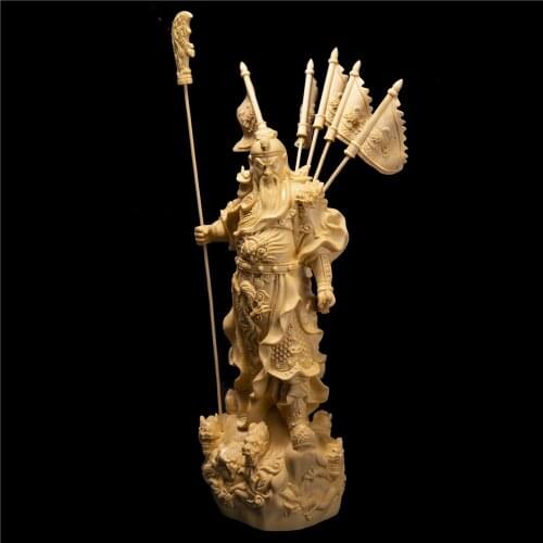 Cypress Wood Carving Nine Dragons Five Flags Guan Yu God of Wealth Office Lucky Decoration 12