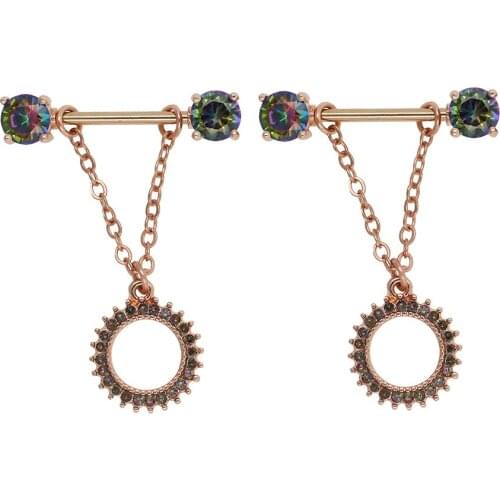 JHJT 2PCS Chain Nipple Rings 14G 316L Surgical Stainless Steel Rose Gold Sun Flower Nipple Ring Bars Body Piercing Jewelry