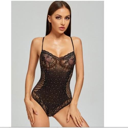 Womens Sexy Lingerie Set Erotic Costume Sparkle Rhinestone Fishnet Teddy Lace Bodysuit Womens Underwear Exotic Apparel Porno