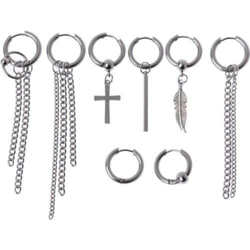 Korean Jewelry Titanium Steel Earrings Long Men Boys Hoop Chain Drop Earrings