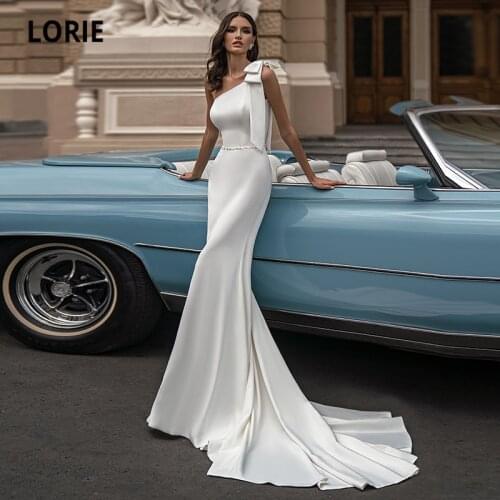 LORIE Beach Wedding Dresses 2021 One Shoulder Beaded Sashes Mermaid Wedding Gown Stretchy Satin Bride Dress vestidos de boda