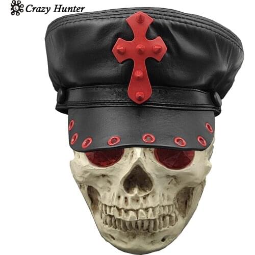 Punk Biker Cross Genuine Leather Cap Hat Mens Rocker Cap