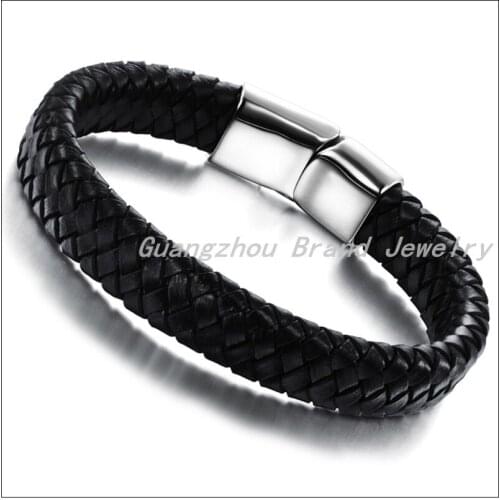 20cm*12mm 21g Fashion Genuine Black Leather With Stainless Steel Magnetic Buckle Men Boy Bracelets Bangles,Best Quality