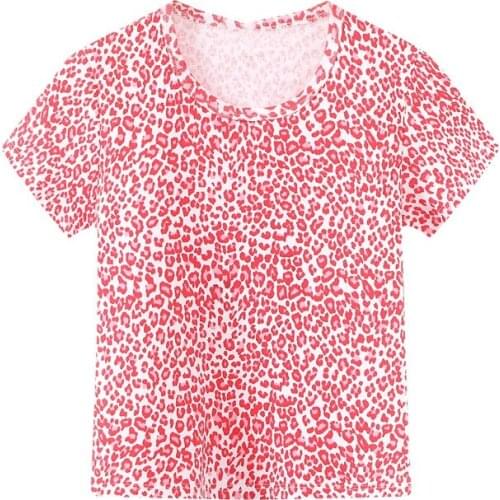 Slim Girls Soft Cotton T-shirt 2021 Fashion Ladies Office Women Pink Leopard Print High-Waist Crop Navel Xuanya Top