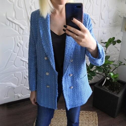 Tweed Women Elegant Blue Blazers 2021 Fashion Ladies Vintage Loose Blazer Jackets Casual Female Streetwear Suits Girls Chic