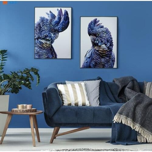 Australian Bird Print Parrot Poster Black Cockatoo Canvas Painting Navy Blue Wall Art Pictures for Living Room Decorative