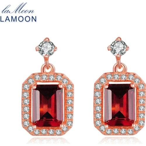LAMOON Crystal Drop Earrings For Women Classic 1.1ct 100% Natural Red Garnet 925 Sterling Silver S925 Fine Jewelry LMEI025
