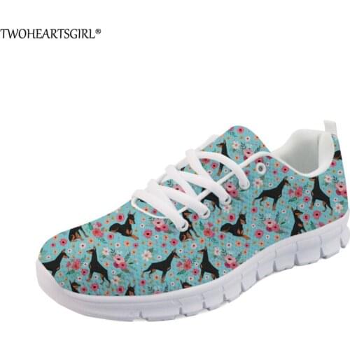Twoheartsgirl Adorable Flower Doberman Flats Women Casual Shoes Printing Animal Dog Mesh Shoes Breathable Female Ladies Sneakers
