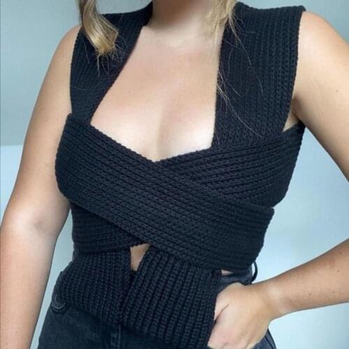 Sexy Women Midi Tops Vest Solid Color Pullover Sleeveless Bandages Knitted Sweater Outwear for Party Backless Camisole Tube Top