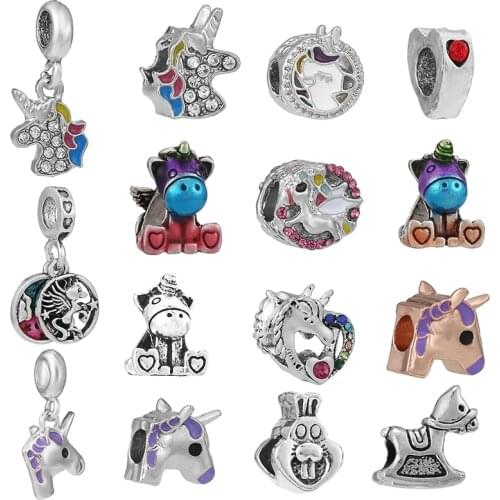 2Pcs/Lot Cute Rainbow Unicorn Sparkling Beads Charm Dangles Fit DIY Original Bracelets Necklaces For Women Kids Jewelry Making