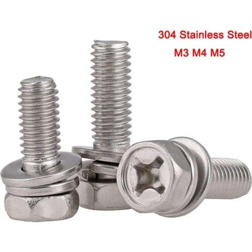 20Pcs 304 Stainless Steel Metric Cross Head External Hex Three Combination Screw Six Angle Combined Bolt M3 M4 M5 Length 6-30mm