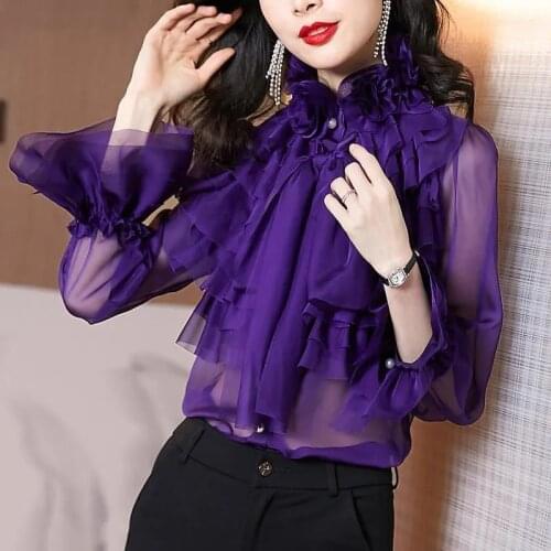2021 new lotus leaf edge design sense minority French tie bow long-sleeved chiffon shirt girl Butterfly Sleeve womans tops