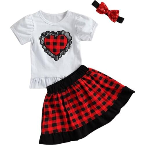 2021 Baby Summer Clothing Kids Baby Girl 3Pcs Valentine Outfit Set Short Sleeve Plaid Heart Pattern T-shirt+Plaid Skirt+Headband
