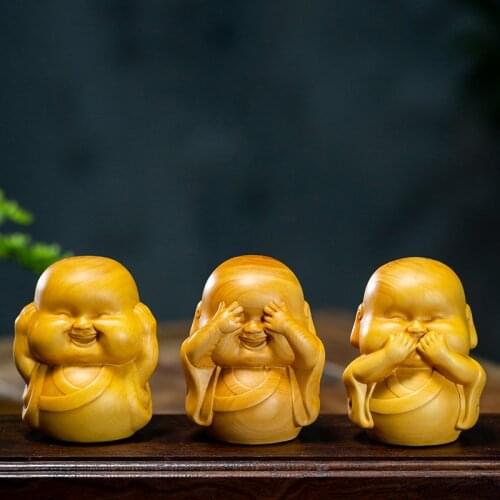 3pcs Boxwood 7cm Three Monk Sculpture Wood Little Maitreya Buddha Statue Mini Lucky Home Decor