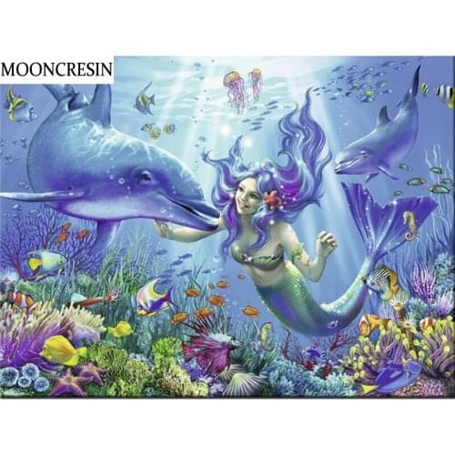 5D Diamond Painting Full Drill Square Mermaid and Dolphin Needlework Cross Stitch Diy Diamond Embroidery Mosaic Decoration Home