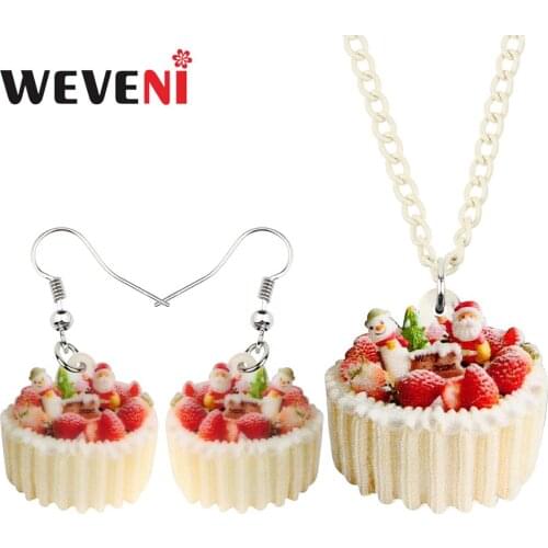 WEVENI Acrylic Christmas Santa Claus Strawberry Cake Jewelry Sets Necklace Earrings Girl Teen 2019 Decorations Party Charms Gift