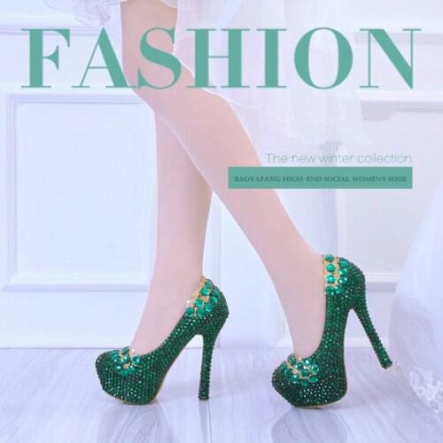 BaoYaFang Womens wedding shoes green crystal white pearl Bridal party dress shoes Female shoes Woman High heels platform shoe