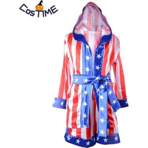 Rocky Balboa Apollo Boxing Robe World Champion Costume Kids American Flag Boxing Costume Outfit Hooded Cloak Robe Belt Shorts