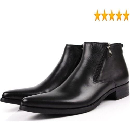 Leather Genuine Black Pointed Toe Luxury Fashion Classic Business Office Formal Ankle Boots Men Shoes Male Side Zipper