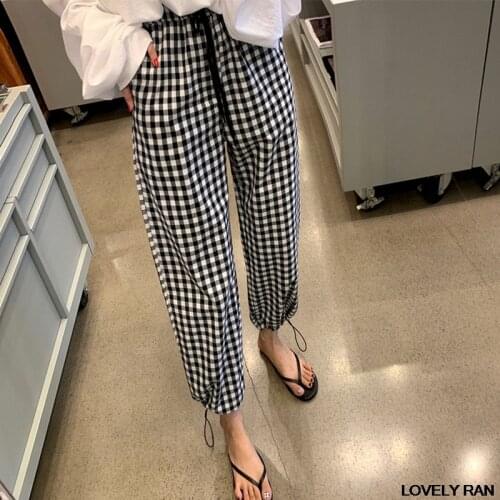 Korean Women Plaid Elastic High Waist Pant Summer Joggers Wide Leg Casual Pants Female 2021 Autumn Girls Loose Straight Trousers