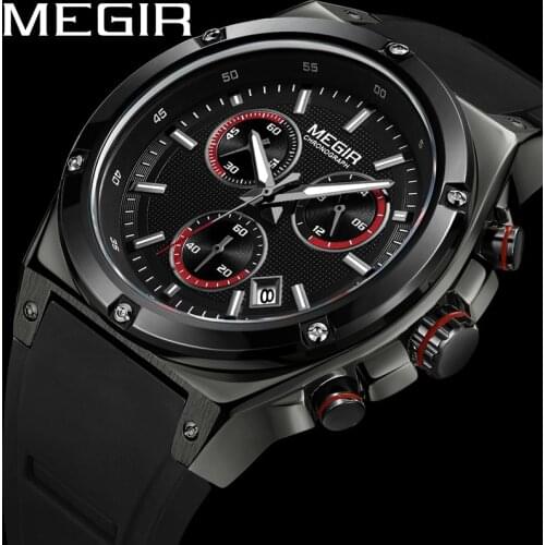MEGIR Watch Men Waterproof Chronograph Military Male Clock Top Brand Luxury Black Rubber Business Man Sport Wristwatch Gift 2073