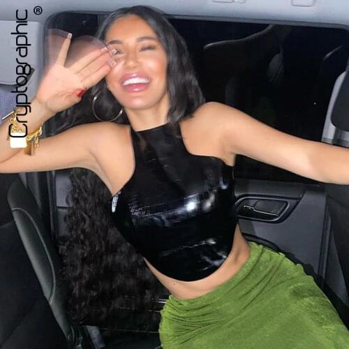 Cryptographic Fashion Sleeveless Crocodile PU Leather Halter Crop Tops for Women Club Party Backless Sexy Top Cropped Streetwear