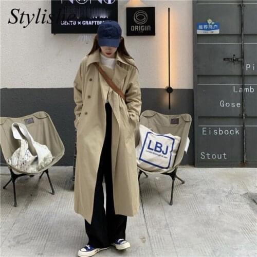 Long Women Trench Coat Khaki Double Breasted Lapel Pocket Belted Coats Female Spring Autumn Outerwear Ladies Casual Windbreaker