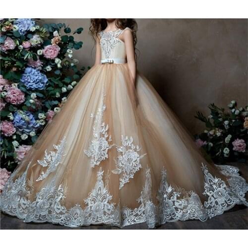 Elegant Arabic Champagne Flower Girl Dresses for Weddings First Communion Dresses for Girls Pageant Dresses 2020 Daminha Dresses