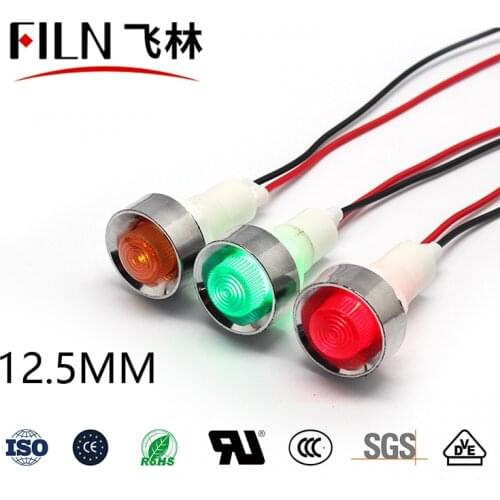FILN YueQing hot sale 12.5mm 12v 24v 36v 110v industrial red signal lamp indicator light with cable