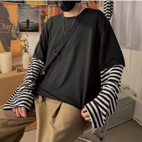 Long Sleeve Fake Two-piece Boys T Shirt Striped Men Clothing New Oversized Tees Clothes Tshirt Oversized T Shirt Men Clothing