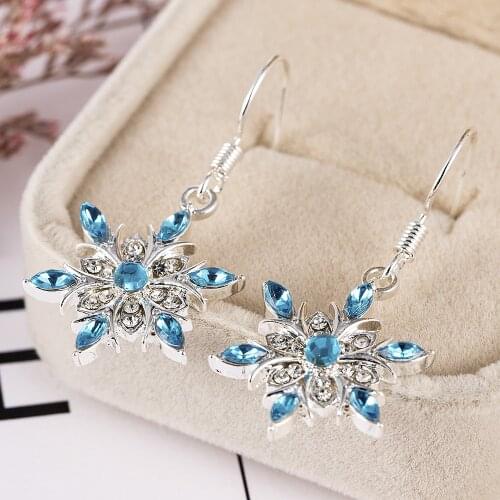 Trendy Cubic Zirconia silver color Snowflake Christmas Earrings luxury Fashion Blue Crystal Earrings For Women Jewelry wholesale