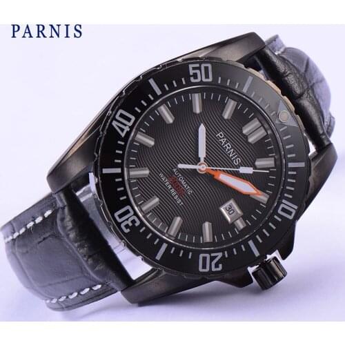 Parnis 43mm black dial PVD case 200m waterproof MIYOTA Automatic mens watch