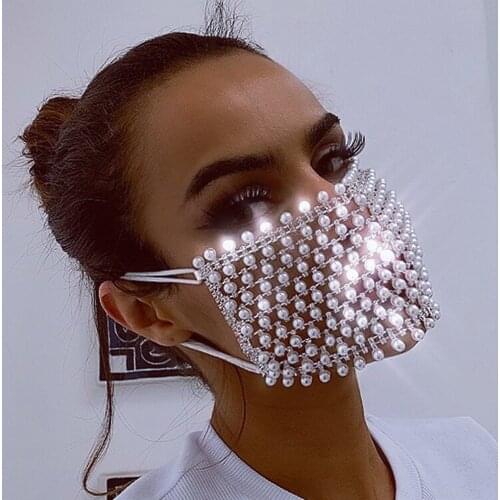 Luxury Breathable Face Decoration Rhinestone Pearl Mask Jewelry for Women Party Bling Crystal Diamond Mask Veil Face Jewelry