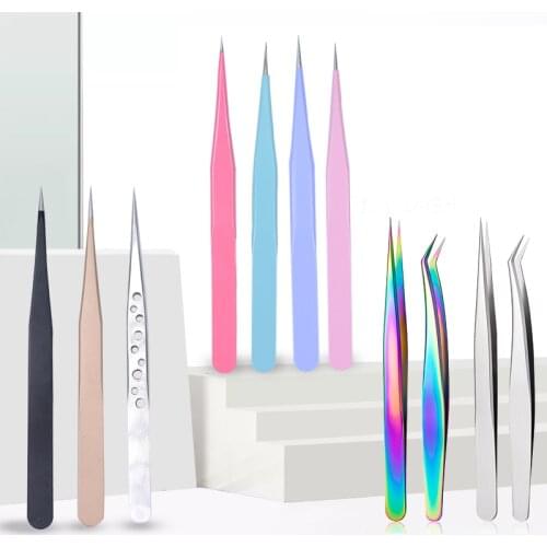 Professional Stainless Steel Tweezers for Eyelash Extension Anti-static High Precision Metal Lashes Pliers Beauty Makeup Tools