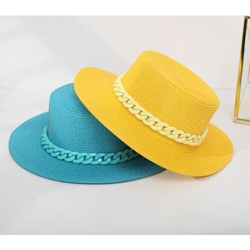 Straw Hat for Women Summer Sun Protection Panama Cap Candy Color Chain Large Brim Caps High Quality Fashionable Colorful Hats