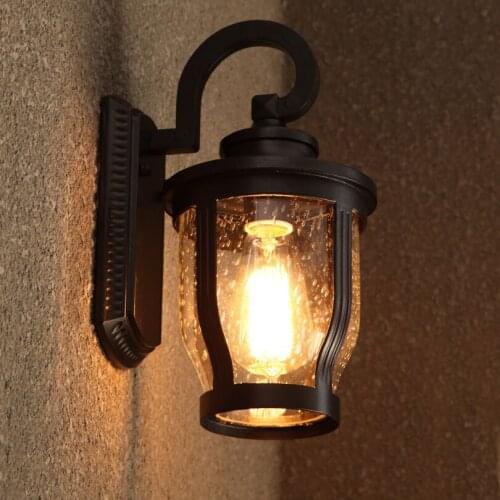 Vintage Black Painted Metal Glass Wall Lamp Waterproof Antirust Wall Sconce with Edison Bulb Outdoor Courtyard Garden