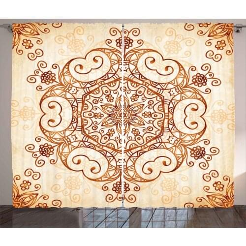 Amber Mandala Curtains Ethnic Bohemian Floral Curls Satin Fabric Drapes for Living Room Bedroom 2 Panel Window Set