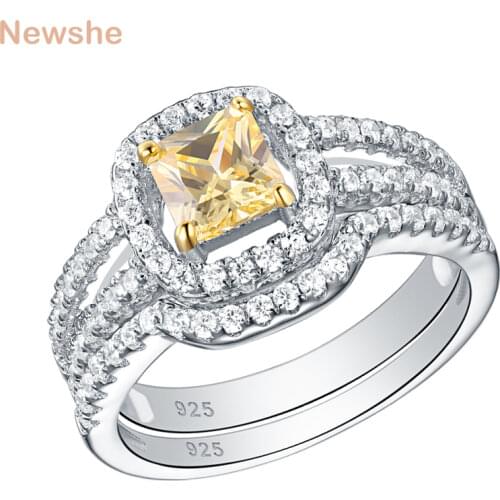 Newshe 2Pcs 925 Sterling Silver Wedding Rings For Women Yellow Princess Cut AAA Zircons Engagement Ring Set Jewelry QR4871