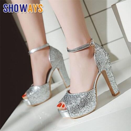 Women Platform Sandals Silver Gold Wedding Party Office Shoes High Chunky Heel Peep Toe Sequined Toe Red Black Ankle Strap Shoes