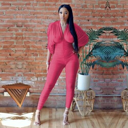 2021 Ins Internet Celebrity Famous Women Jumpsuit Solid Color V Neck Bating Sleeve