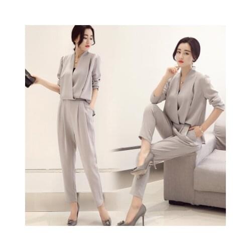 Two Pieces Set Women 2021 Spring Summer Fashion Pure Color Shirt Blouse Tops And Trousers Pants Suit