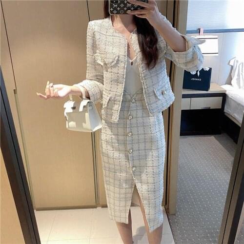 Two-Piece Sets Spring Autumn Temperament Womens French Small Fragrance Jacket + Split Skirt Suits Female