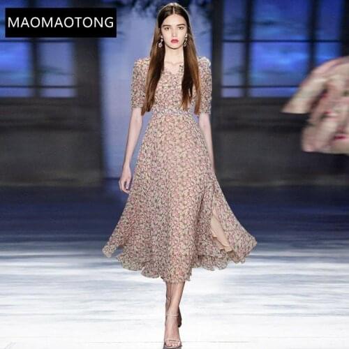 Fashion Runway Designer Summer Midi Dresses Womens V-neck Short Sleeve Floral Print A-Line Vacation Dress Vestidos