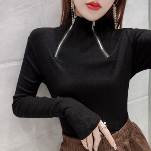 2021 New Spring Autumn Long Sleeve T Shirt Women Fashion Zipper Half High Neck Slim T-shirts Ladies Streetwear Tops