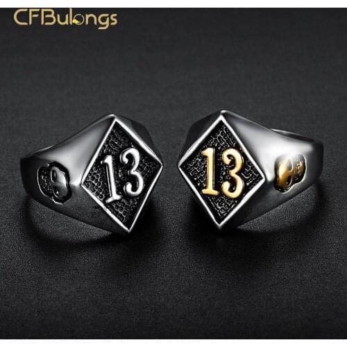 CFBulongs Vintage Stainless Steel Lucky Number 13 Ring Punk Mens Biker Skull Jewelry Banquet Gift