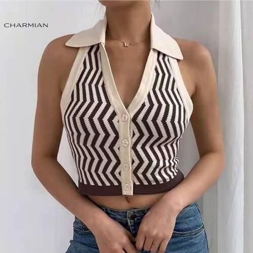 Charmian Sexy Summer Halterneck Lapel Sleeveless Striped Crop Tops Backless Fashion Women Casual Vacation Beach Blouse Clothes