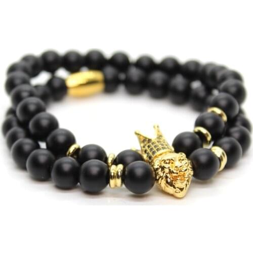 Black stone Beads Crown Lion Bracelet Men Bracelets For Women Pulseras Moda Masculina Hombre Man Mens Jewellery Armband Braclet